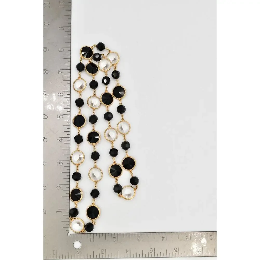 Vintage Open Bezel Crystal Necklace Beaded Black Clear Glass Heavy Chunky BinBJ